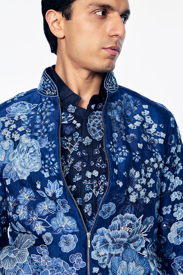 Organza Bomber Jacket With Monochromatic Floral Embroidery In Navy