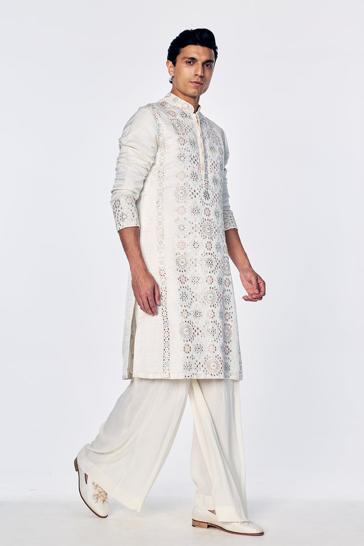 Silk Kurta With Geometric Threadwork In Ivory