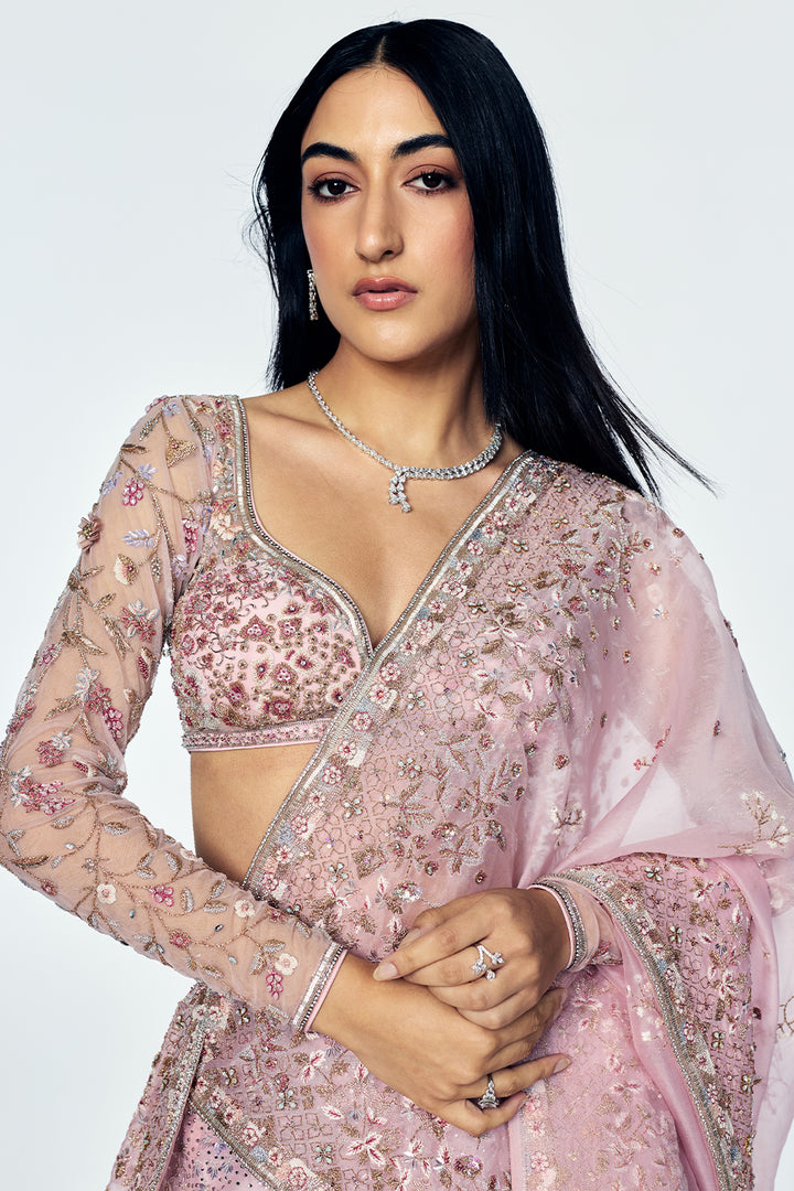 Silk Organza And Soft Tulle Lehenga Set With Zenith Zardosi Embroidery in Rosette