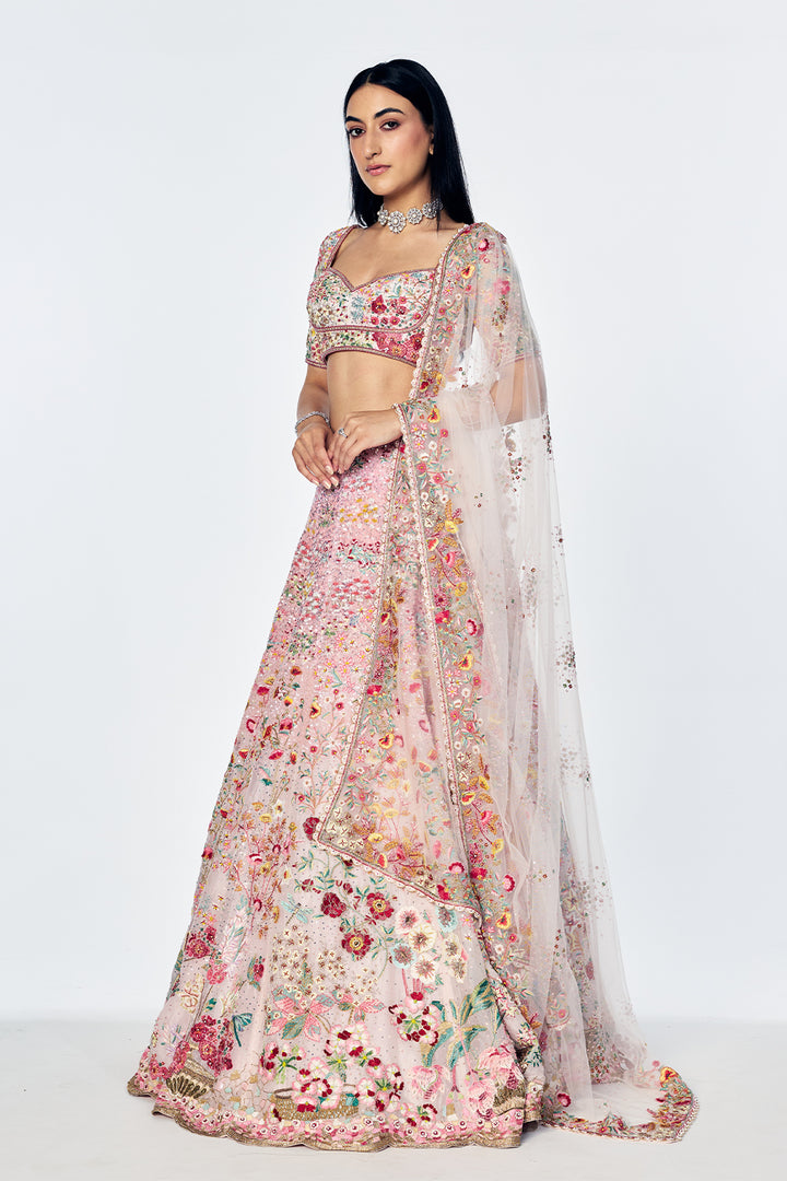 Zenith Lehenga Set With Floral Hand Embroidery in Lily Pink