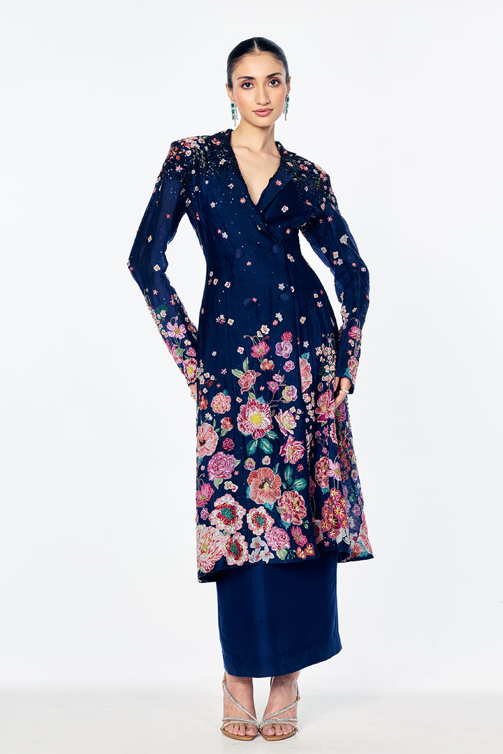 Florence Trench Cat With Satin-Thread Floral Embroidery In Navy