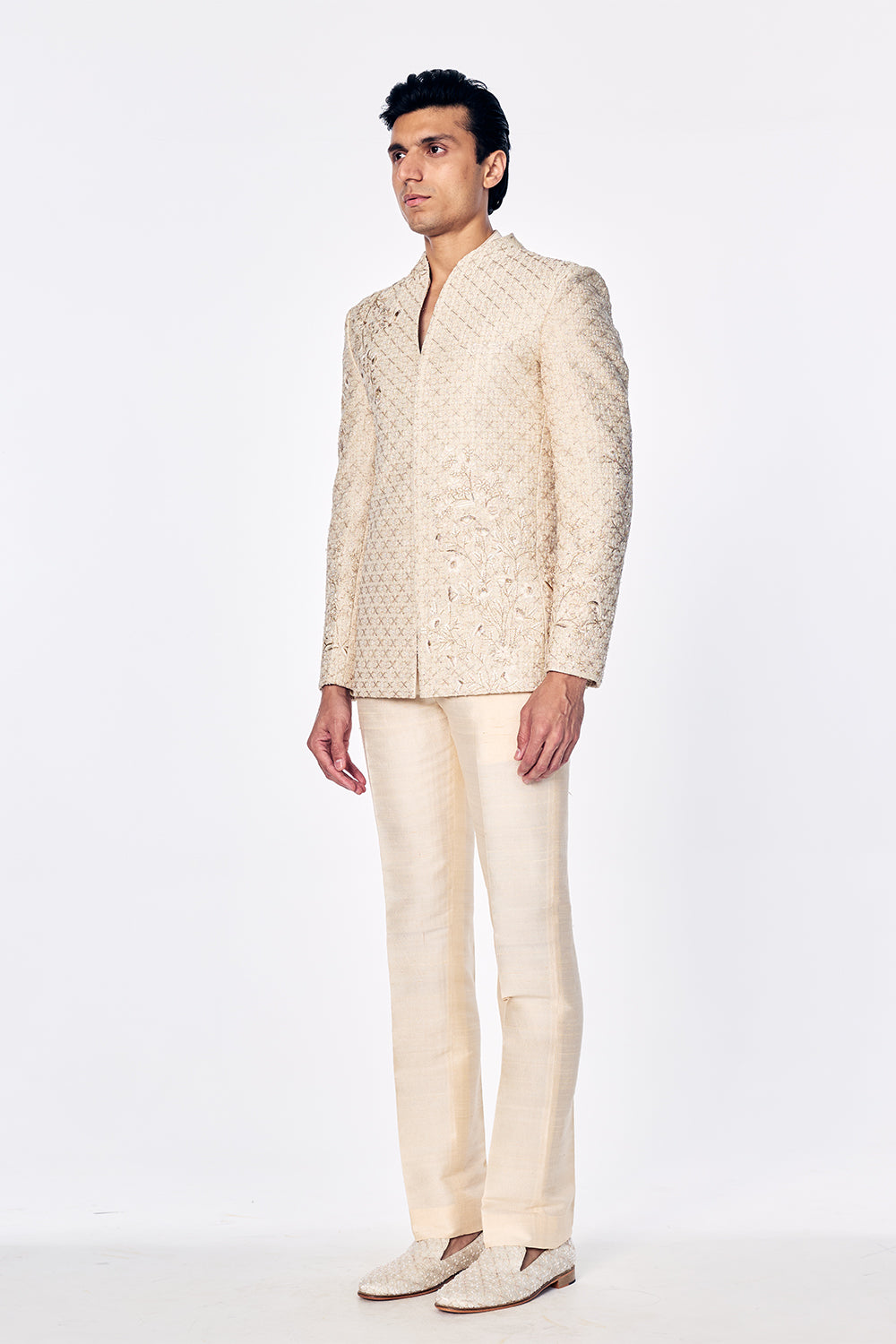 Zenith Raw Silk Bandhgala With Zari Stripes And Floral Embroidery In Ivory