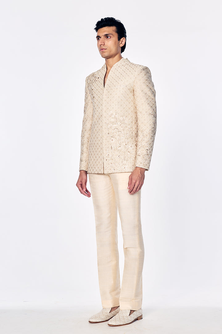 Zenith Raw Silk Bandhgala With Zari Stripes And Floral Embroidery In Ivory