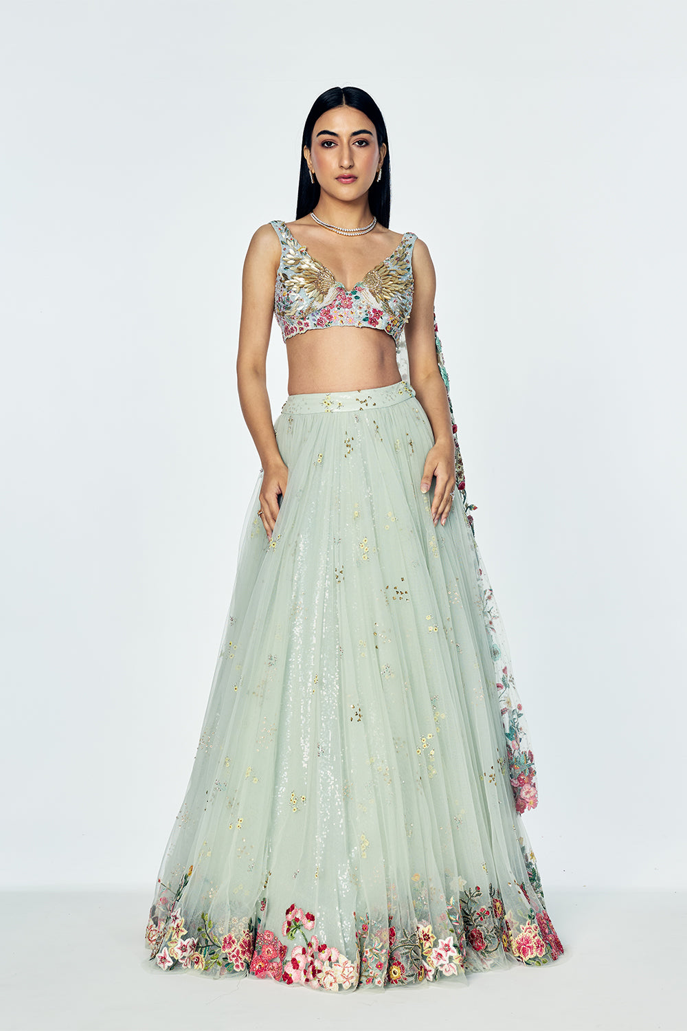 Zenith Skirt Set With Botanical Embroidery In Mint