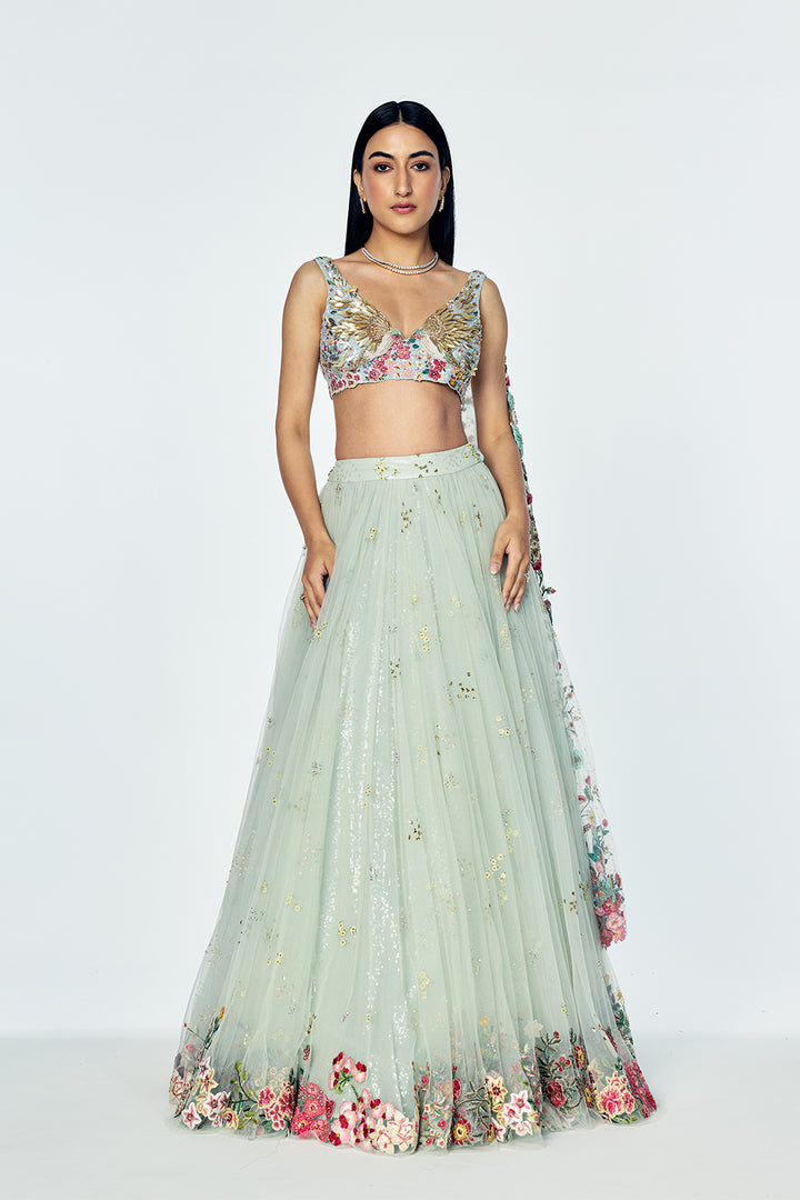 Zenith Skirt Set With Botanical Embroidery In Mint