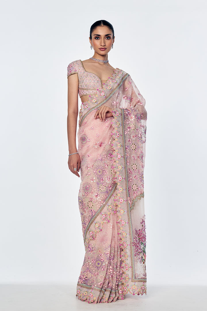 Silk Georgette Saree Set With Bougainvillea Embroidery In Rose Pink