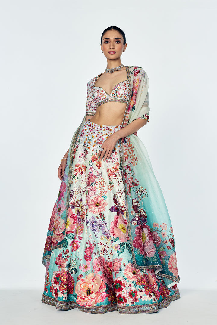 Raw Silk And Organza Lehenga Set With Bouquet Embroidery In Teal