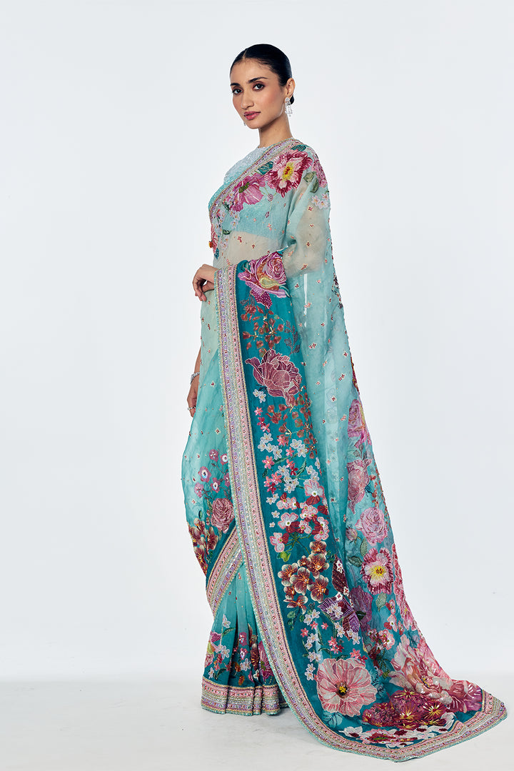 Florence Saree Set In Silk Organza And Soft Net With Satin-Thread Floral Embroidery In Mint