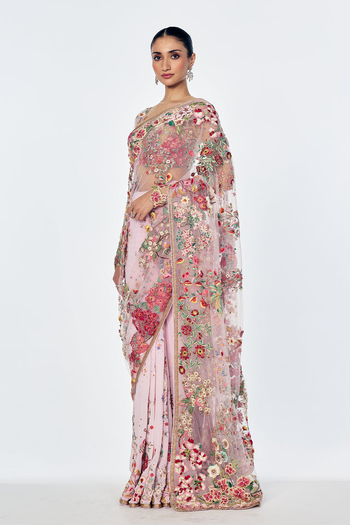 Zenith Saree Set With Botanical Handwork In Lily Pink