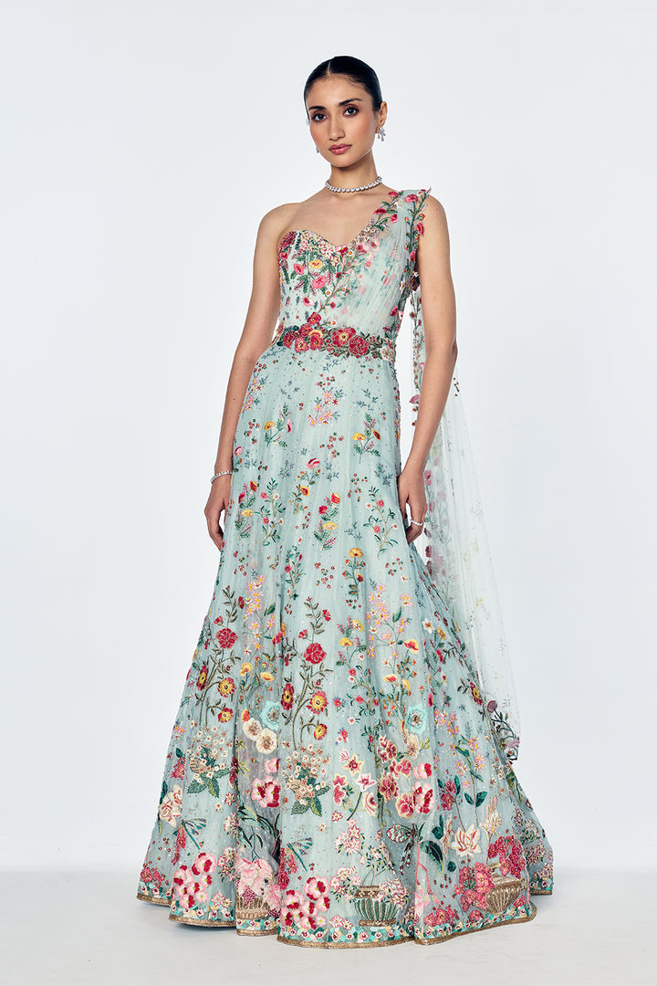 Zenith Botanical Embroidered Gown in Mint