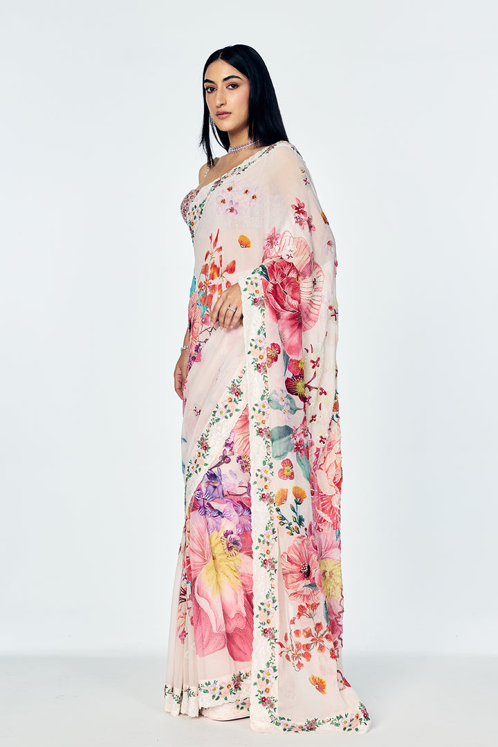 Florence Saree Set With Botanical Floral Print In Blush Pink