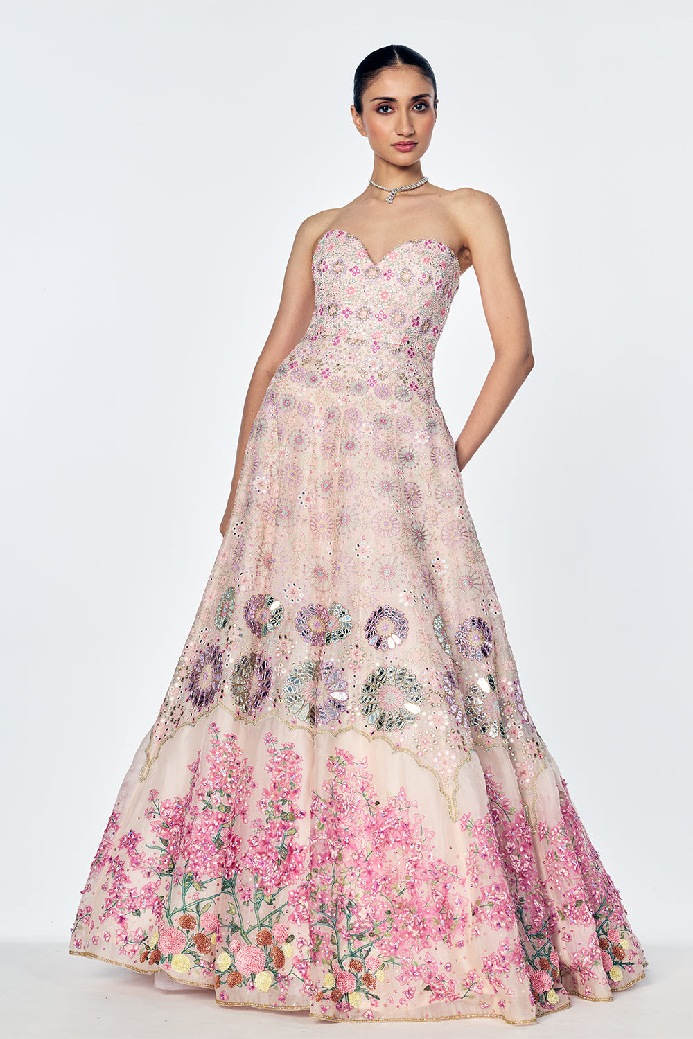 Organza Gown With Mirrorwork And Bougainvillea Embroidery In Lily Pink