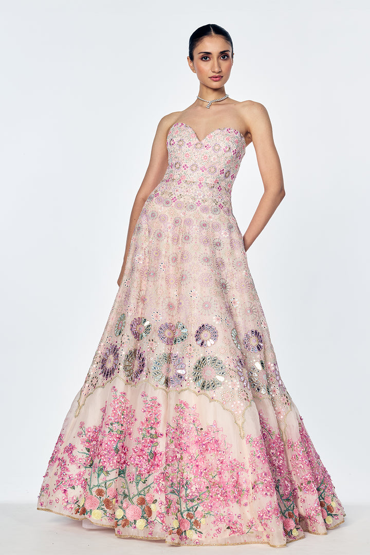 Organza Gown With Mirrorwork And Bougainvillea Embroidery In Lily Pink