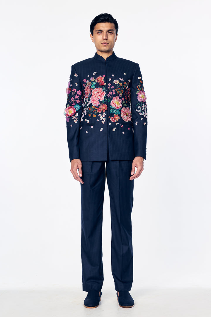 Florence Silk Bandhgala With 3D Floral Embroidery In Navy