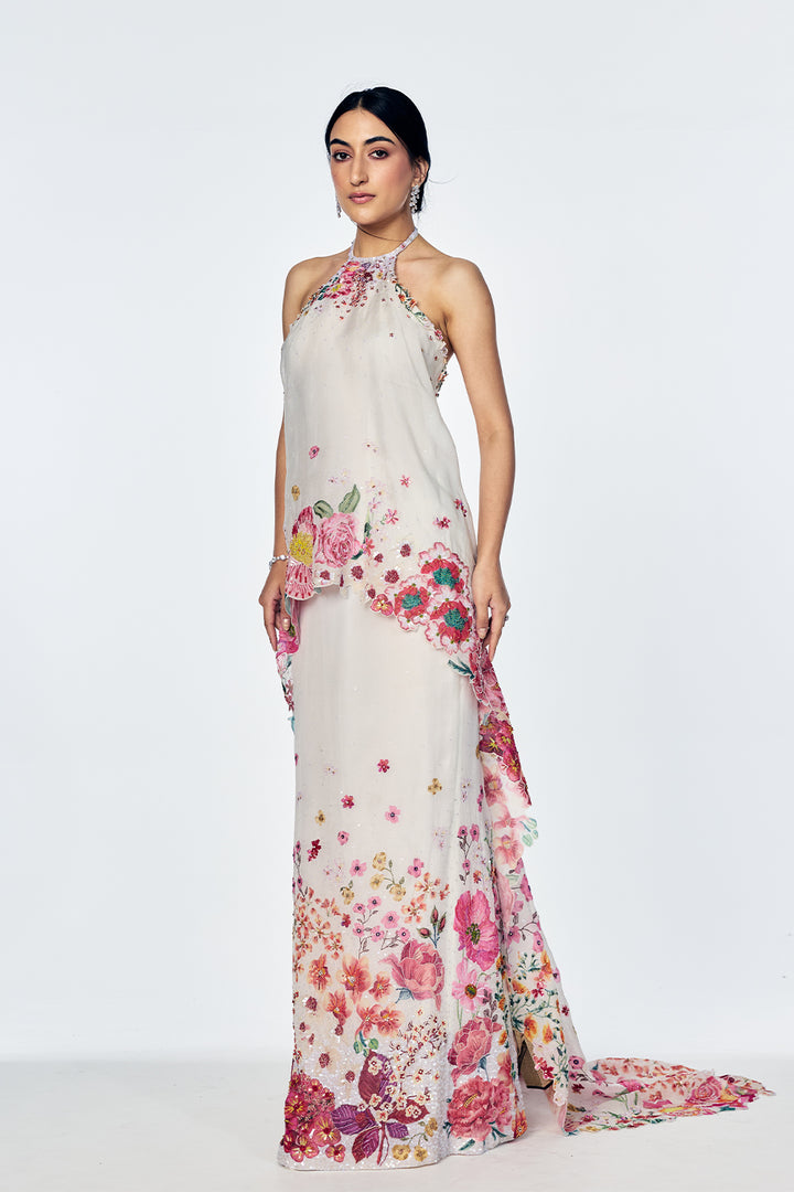 Florence Dress With Satin-Thread Floral Embroidery In Ivory