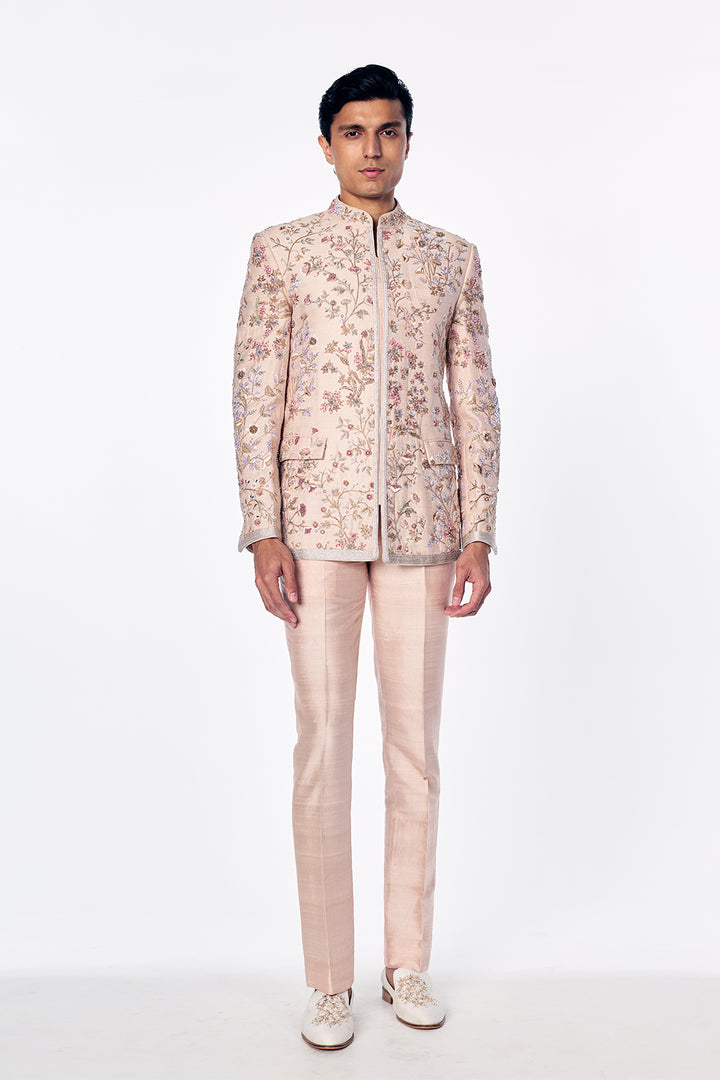 Flat Dupion Silk Bandhgala With Zardosi Floral Embroidery in Rose Gold
