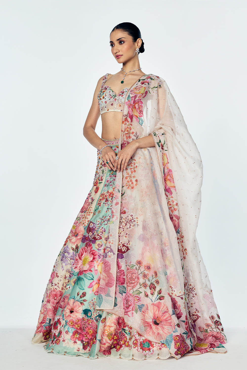 Florence Kalidar Lehenga With Floral Embroidery In Multicolour