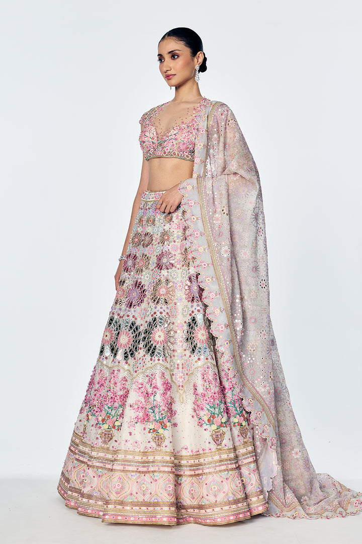 Organza Lehenga Set With Mirrorwork And Bougainvillea Embroidery In Ivory