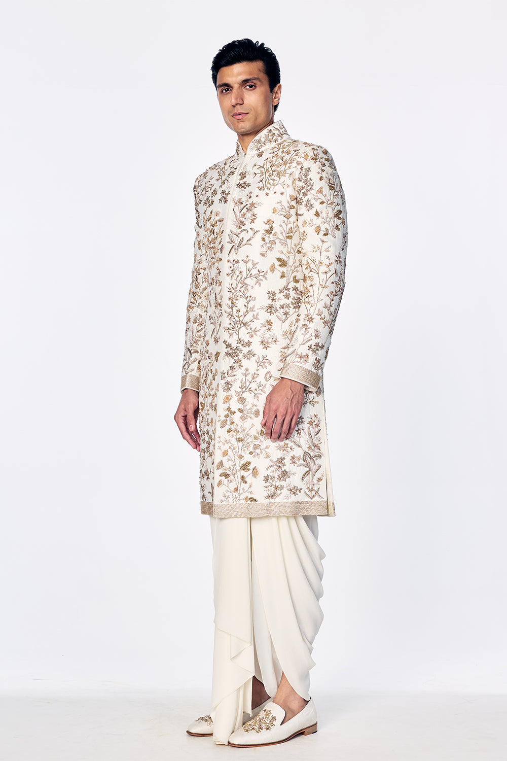 Silk Sherwani Set With Tonal Floral Embroidery In Ivory