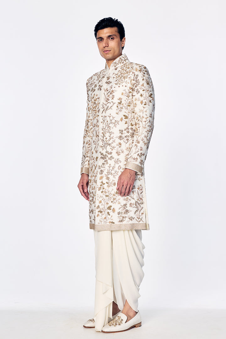 Silk Sherwani Set With Tonal Floral Embroidery In Ivory