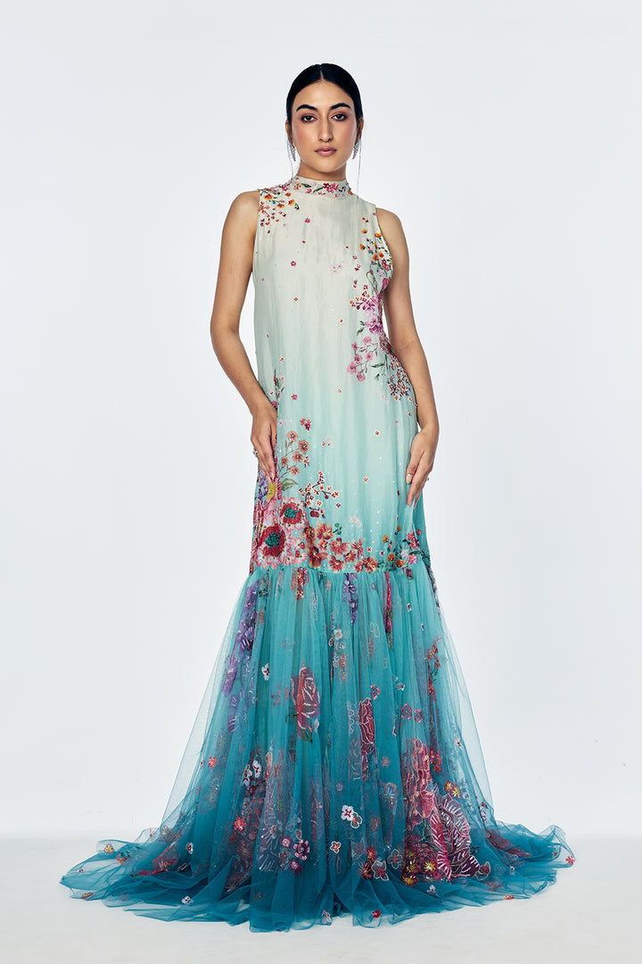 Organza And Silk Crepe A-Line Dress With Painterly Floral Embroidery In Mint
