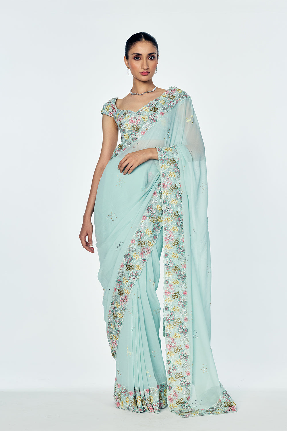 Zenith Saree Set With Intricate Floral Embroidery In Mint