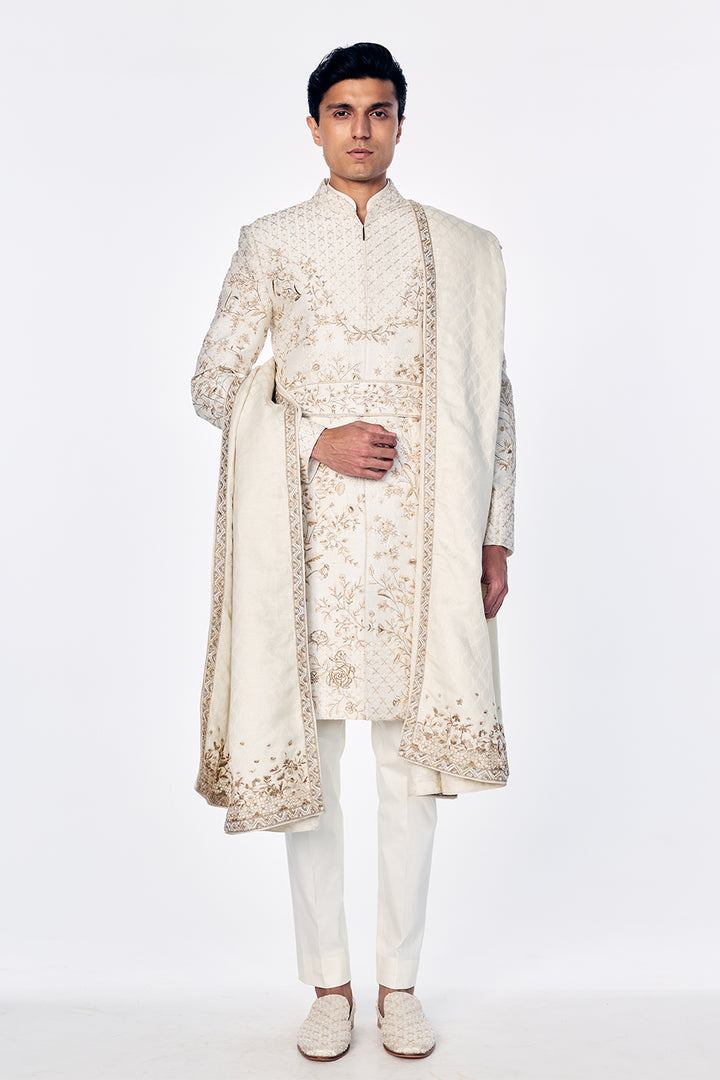 Zenith Sherwani Set With Botanical Golden Embroidery In Ivory