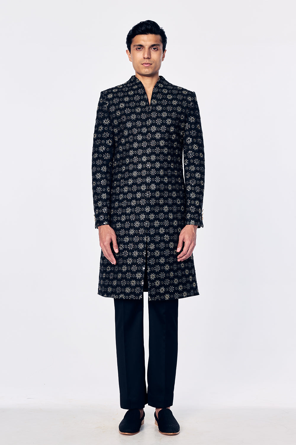 Chanderi Sherwani With Jali Outline Embroidery In Black