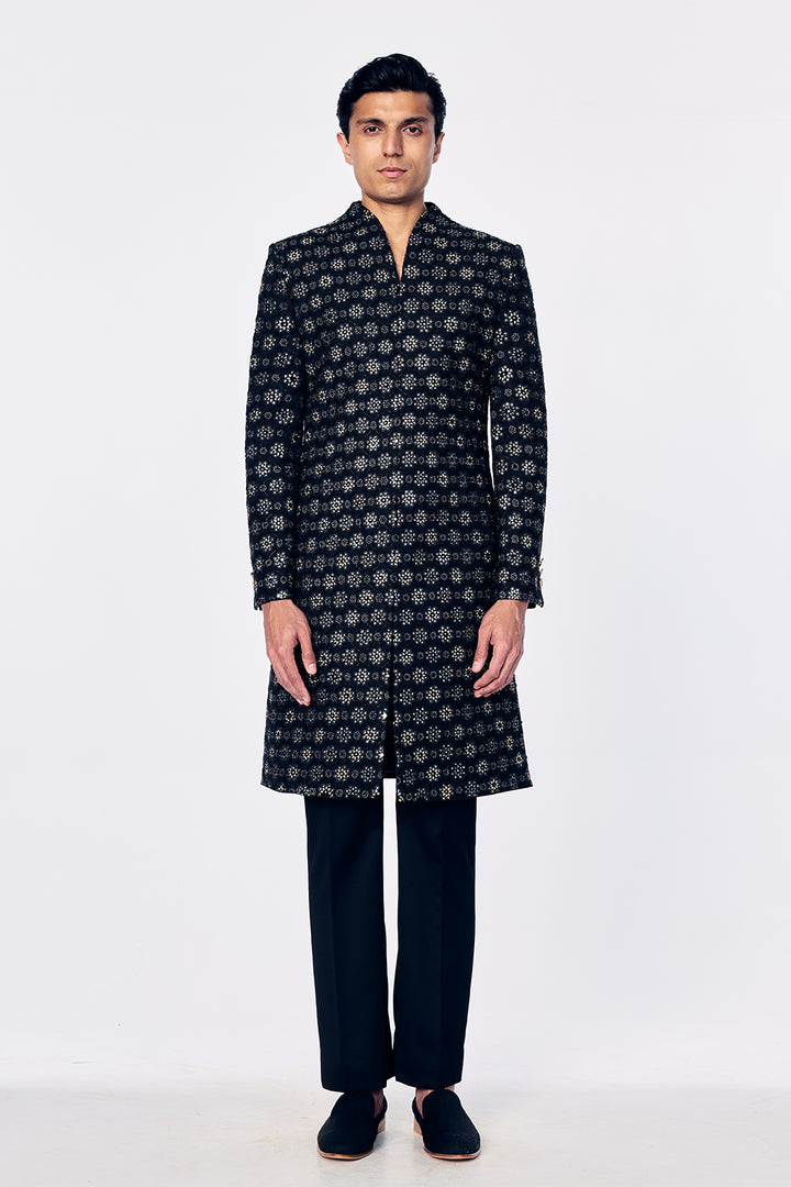 Chanderi Sherwani With Jali Outline Embroidery In Black