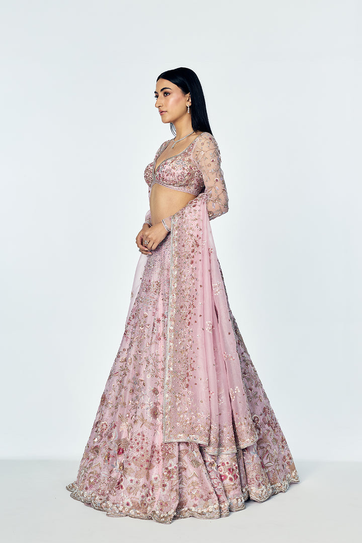 Silk Organza And Soft Tulle Lehenga Set With Zenith Zardosi Embroidery in Rosette