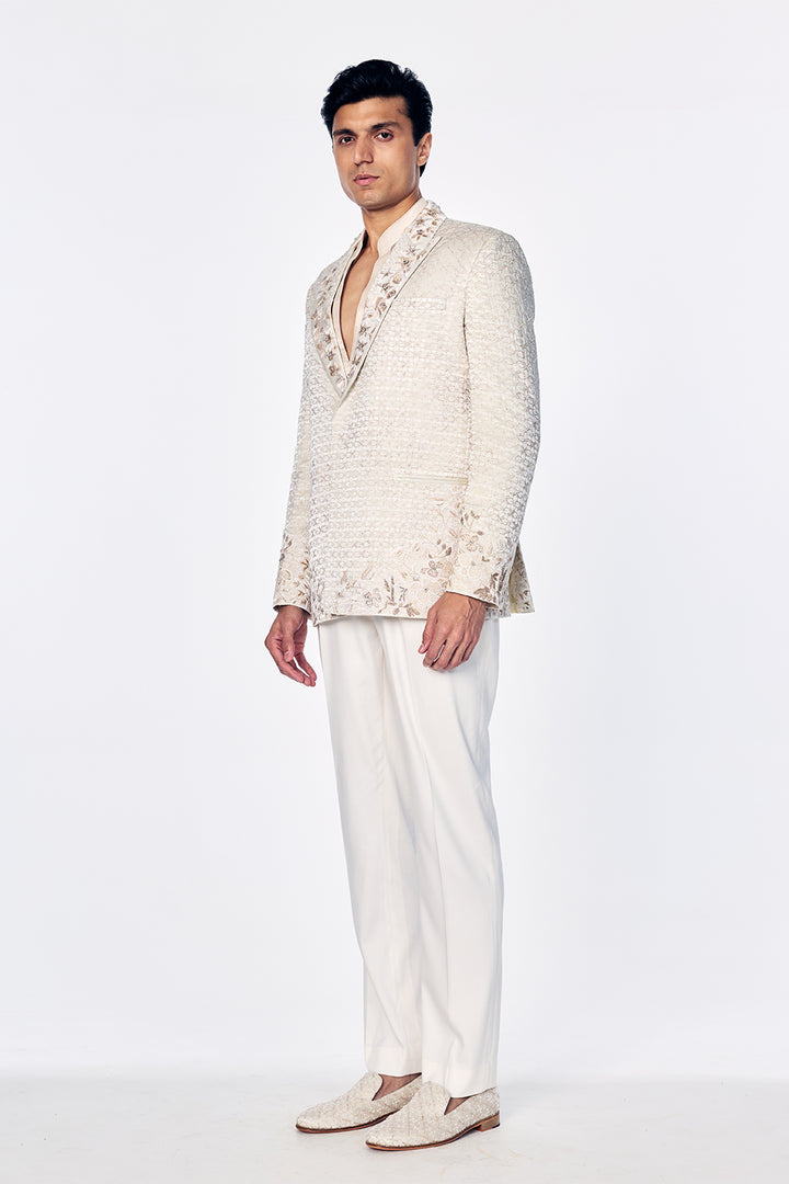 Zenith Satin Tissue Tuxedo Jacket With Signature 3D Floral Embroidery In Ivory