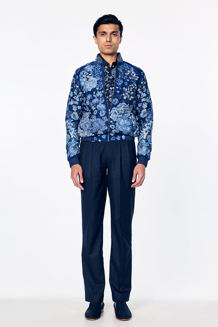 Organza Bomber Jacket With Monochromatic Floral Embroidery In Navy