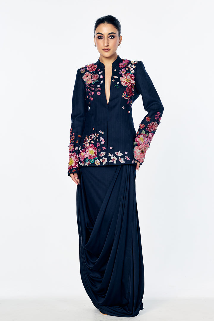 Florence Bandhgala With Tuscany-Inspired Satin-Thread Floral Embroidery In Navy
