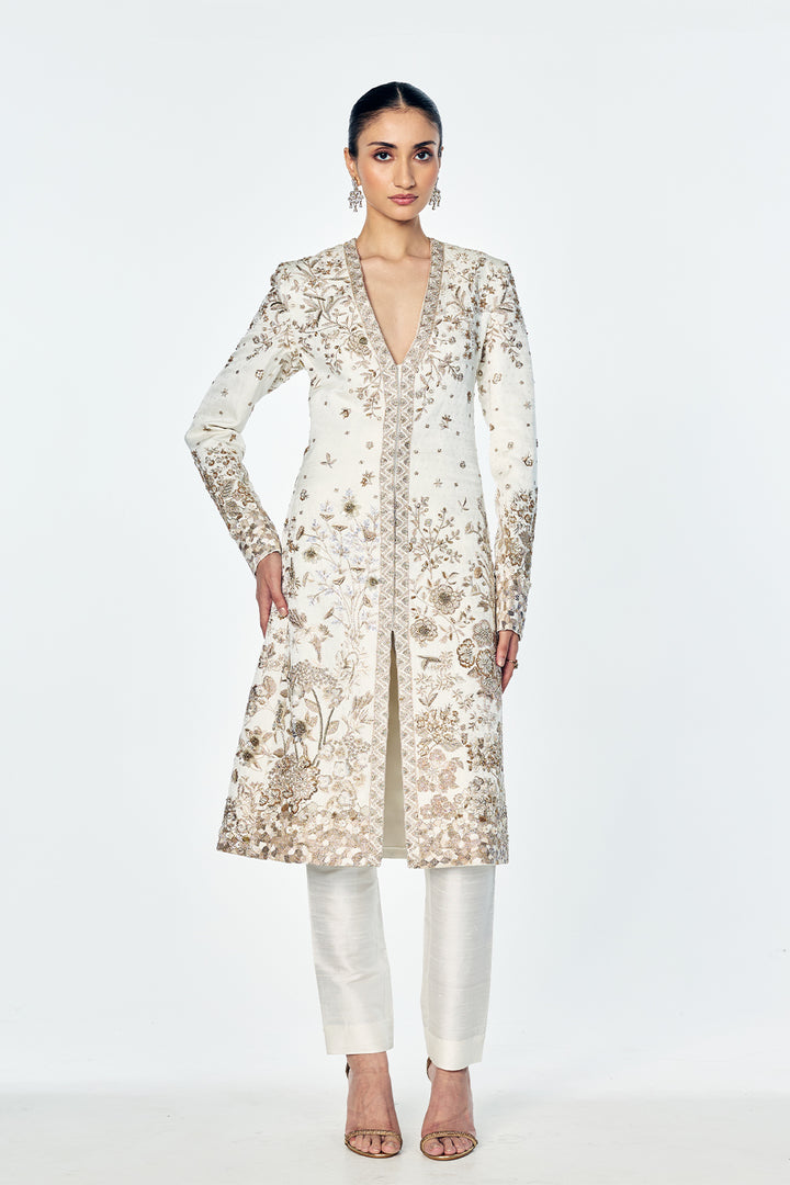 Paisley Jacquard And Raw Silk Jacket Set With Zenith Zardosi Embroidery In Gold and Ivory