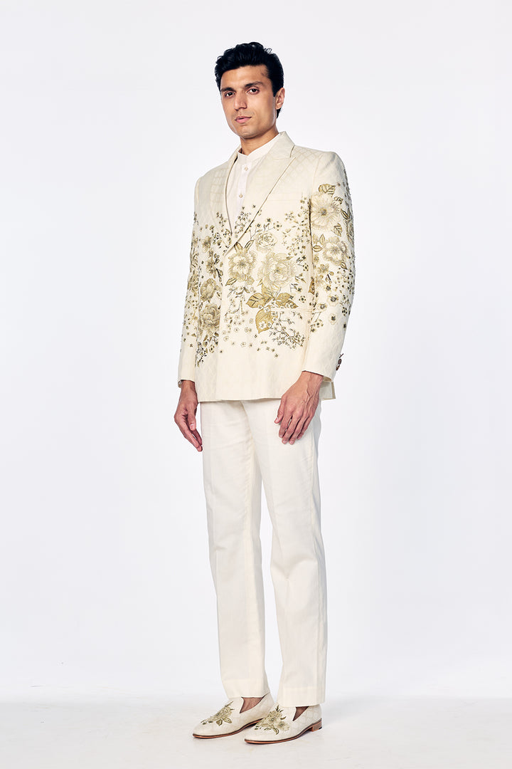 Double-Breasted Jacquard Jacket With Light Gold Zardosi And Floral Embroidery In Ivory