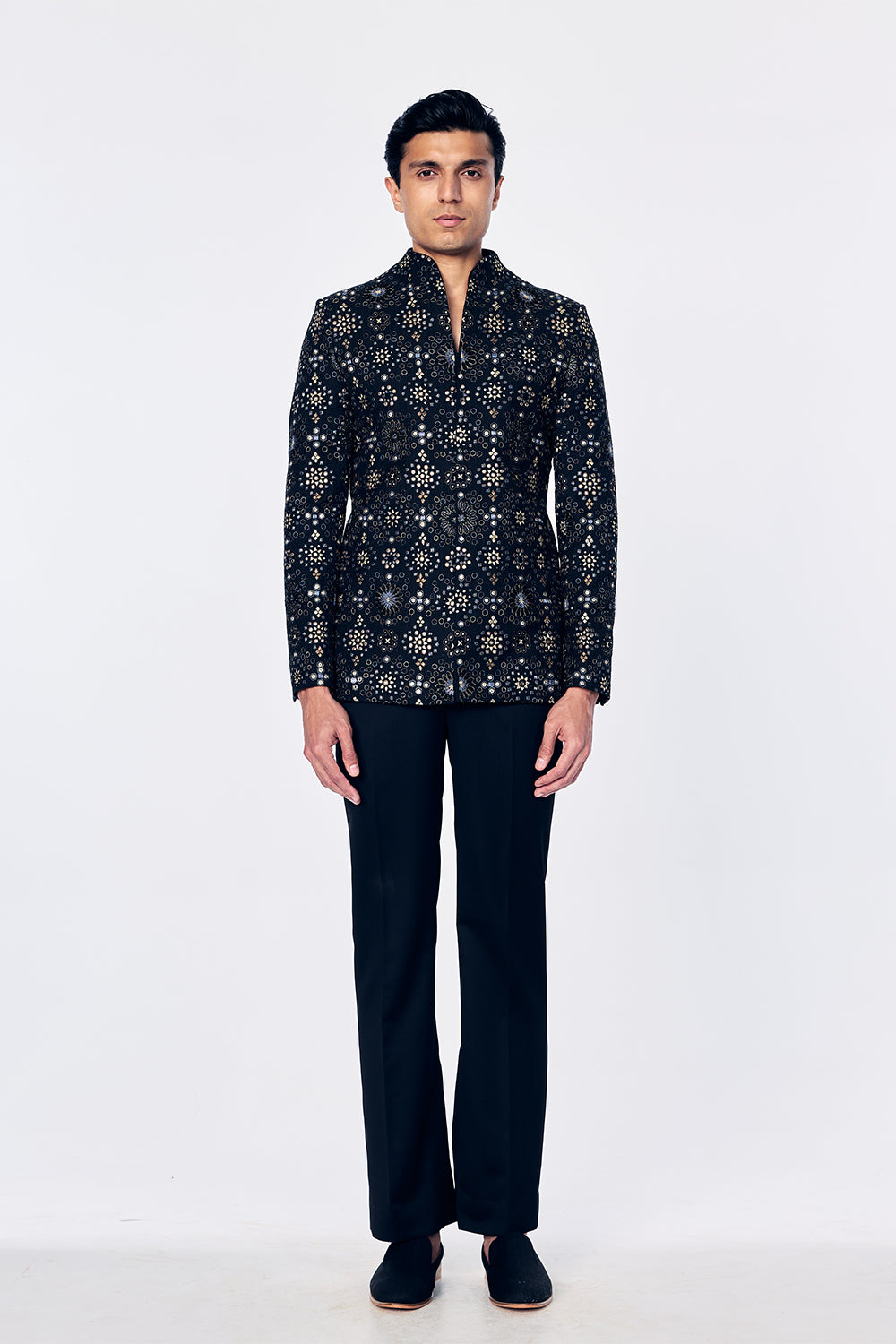 Chanderi Bandhgala With Geometric Jali Embroidery In Black