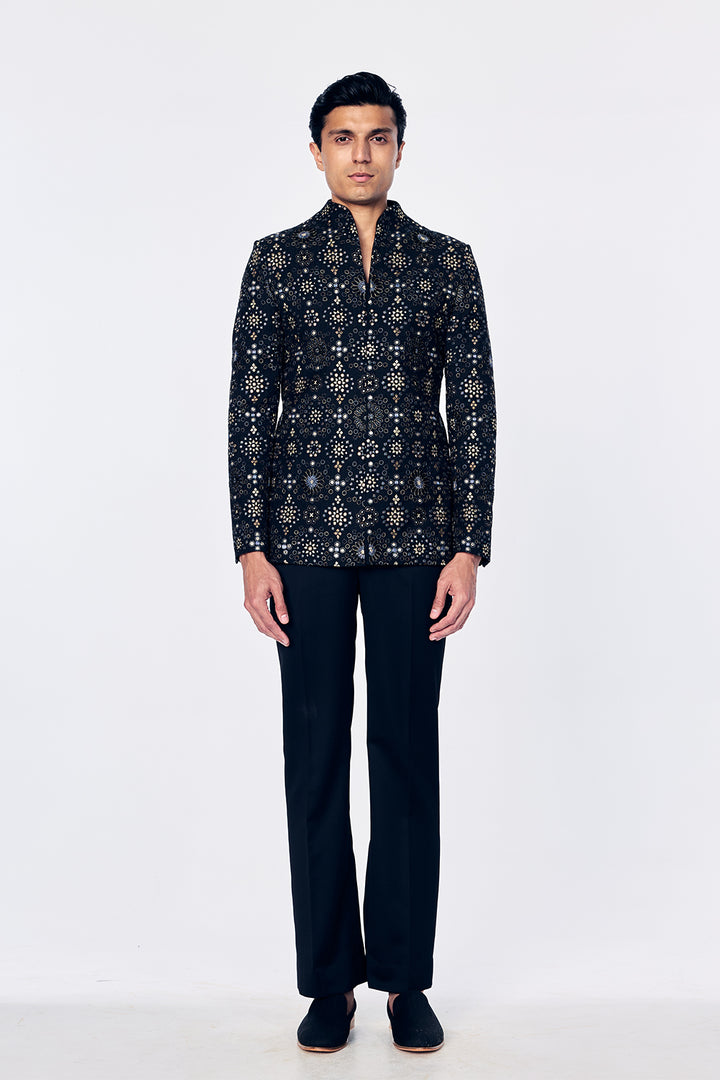 Chanderi Bandhgala With Geometric Jali Embroidery In Black