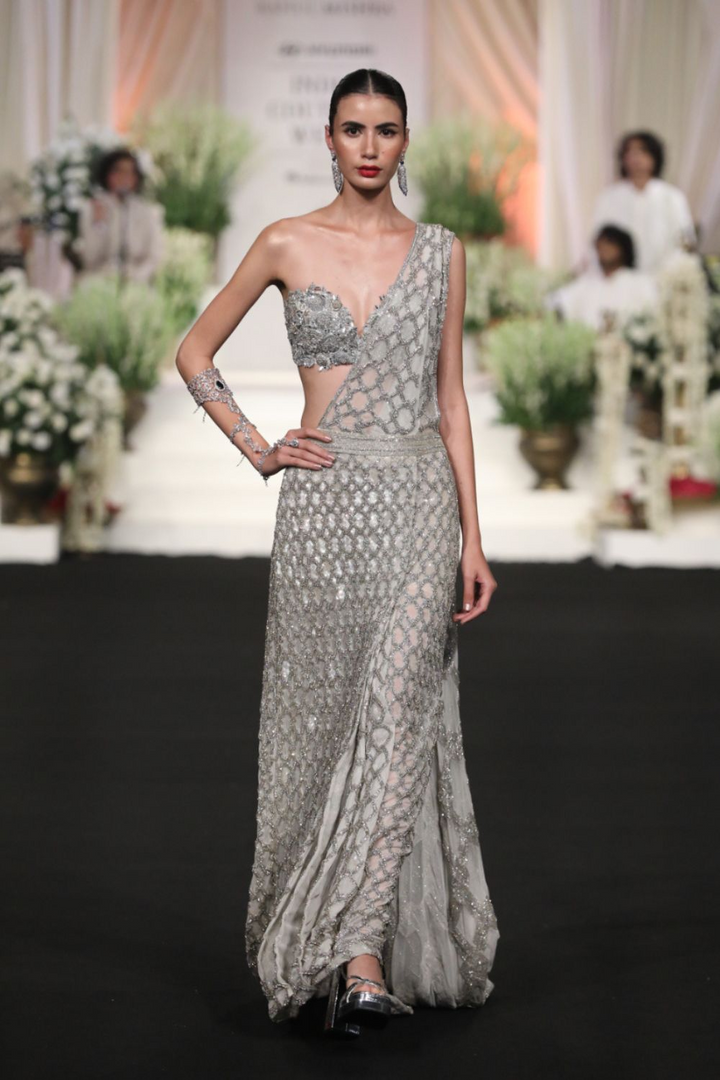 Lattice Hand-Embroidered Saree with Hand-Embroidered Bralette in Silver