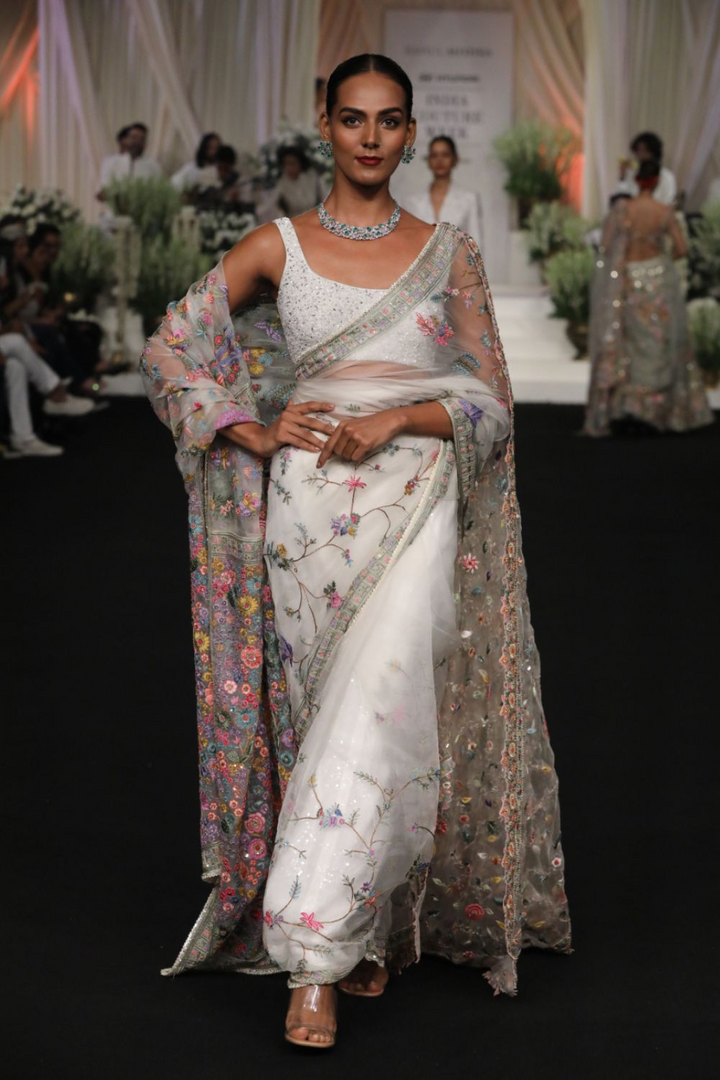 Haveli Silk Organza Saree with Haveli Hand-Embroidered Blouse in Ivory