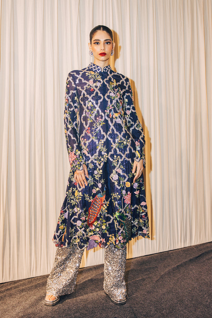 Birds Of Paradise Silk Organza Kalidar Kurta with Sequinence Hand-Sequinned Trousers in Navy and Black