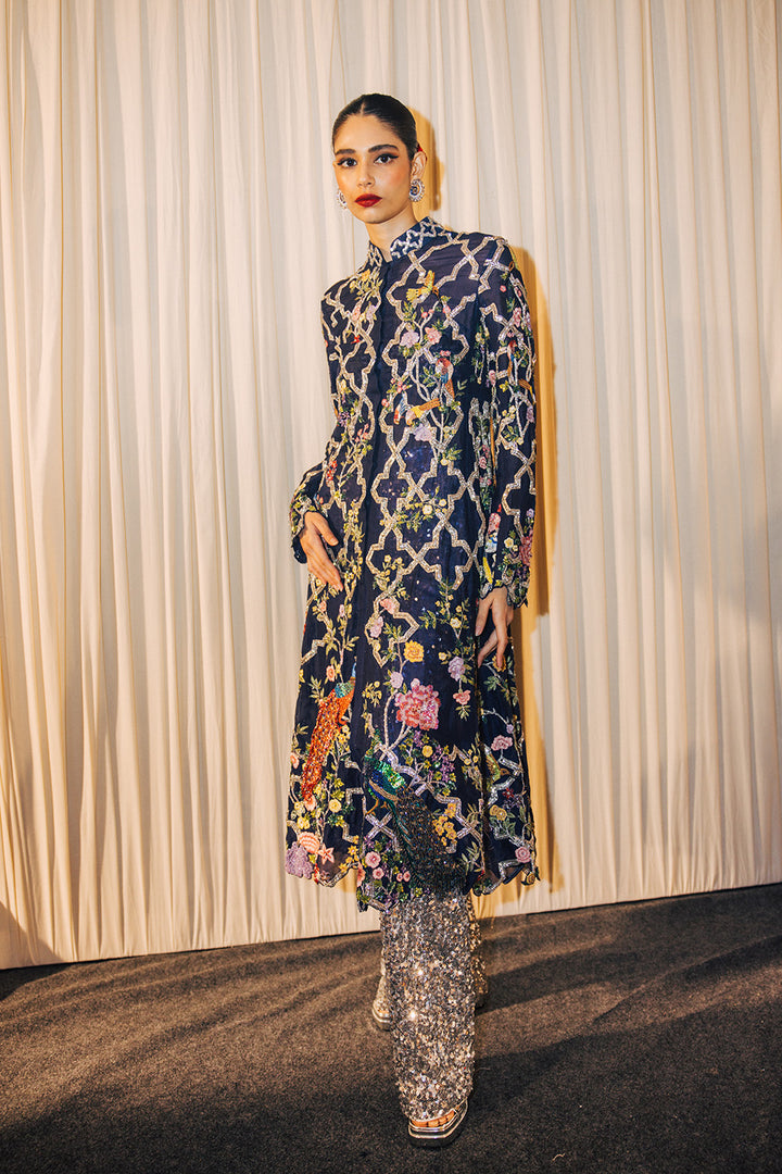 Birds Of Paradise Silk Organza Kalidar Kurta with Sequinence Hand-Sequinned Trousers in Navy and Black