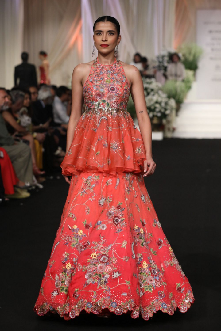 Anar Bel Silk Organza Lehenga with Silk Organza Blouse in Coral