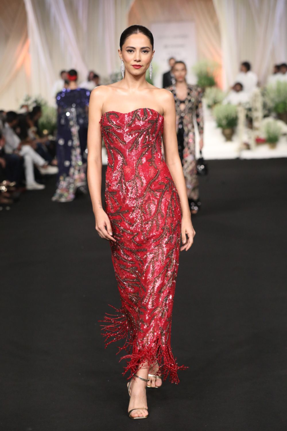 Leaf Textured Hand-Embroidered Dress in Ruby Leaf Textured Hand-Embroidered Dress in Ruby