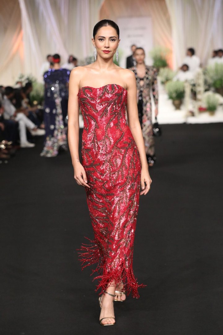 Leaf Textured Hand-Embroidered Dress in Ruby