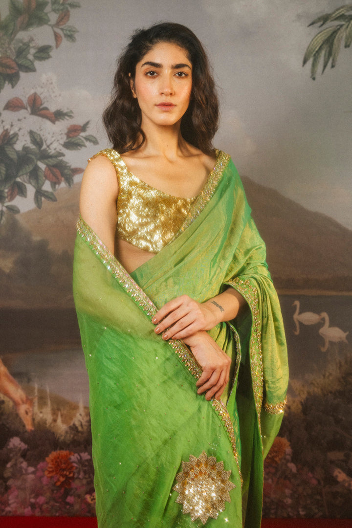 Hand Embroidered ‘Seer’ Leaf Texture Sleeveless Crop Top in Gold