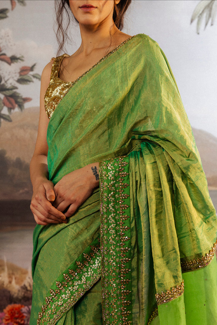 Leaf Textured Hand-Embroidered Blouse with Lotus Pond Hand-Embroidered Saree in Gold and Green