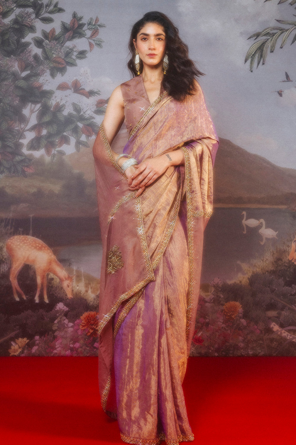 Classic Hand-Embroidered Blouse with Himadri Hand-Embroidered Saree in Bronze Mauve