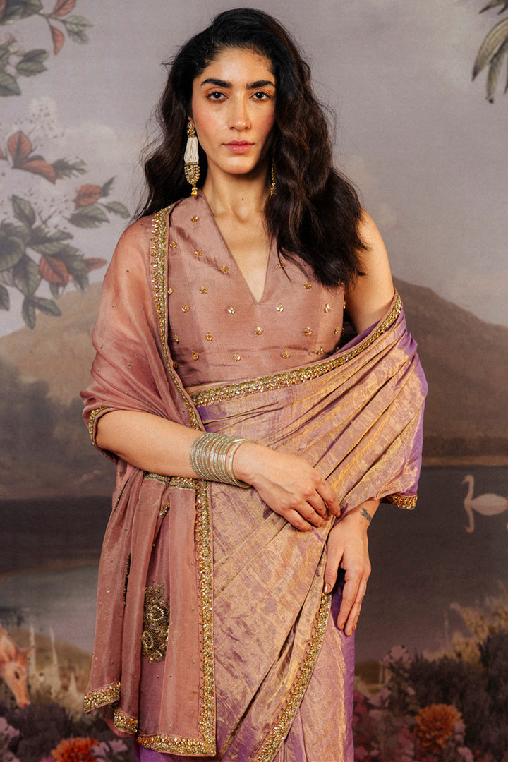 Classic Hand-Embroidered Blouse with Himadri Hand-Embroidered Saree in Bronze Mauve
