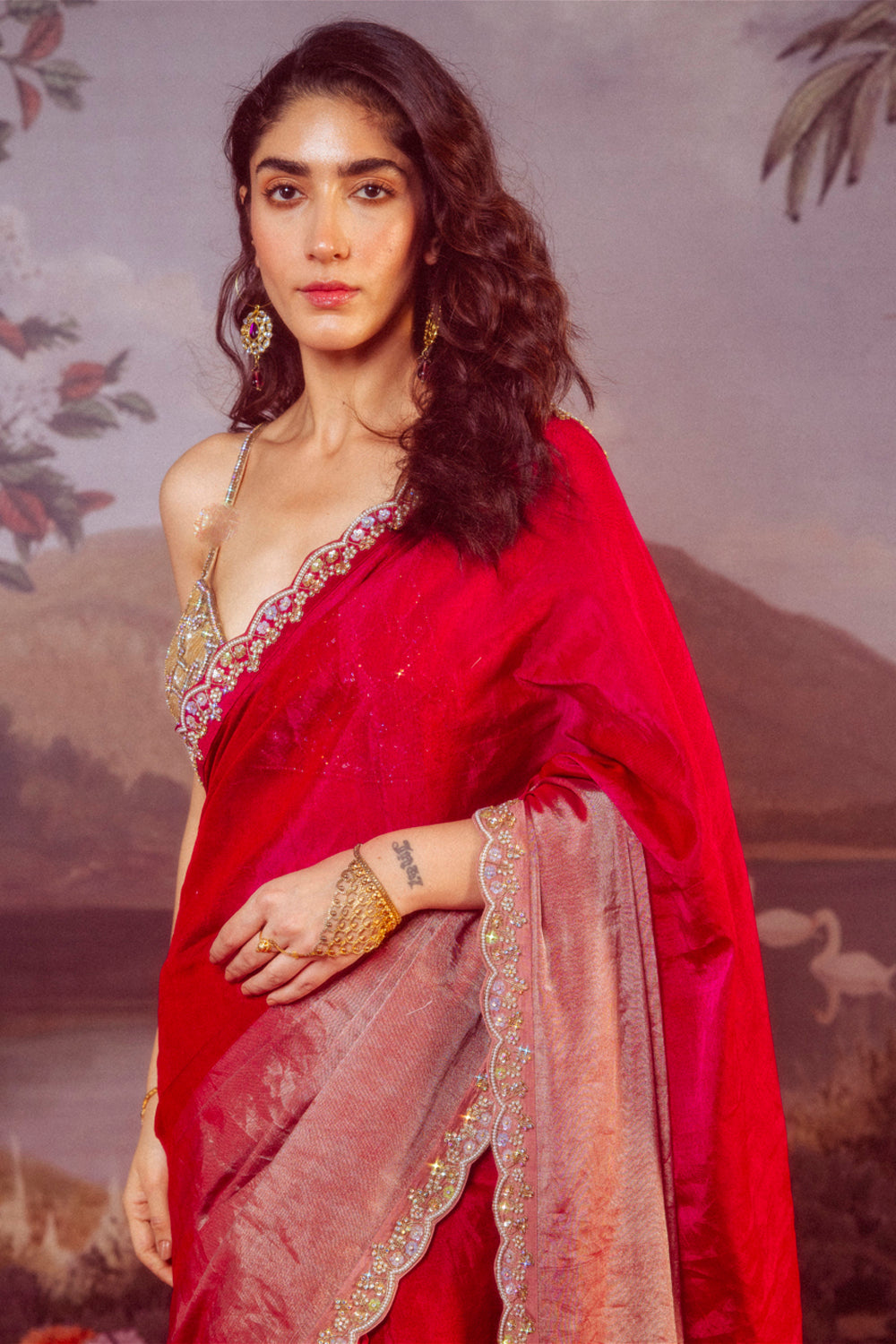 Superheroes Hand-Embroidered Blouse with Lotus Pond Hand-Embroidered Saree in Gold and Ruby