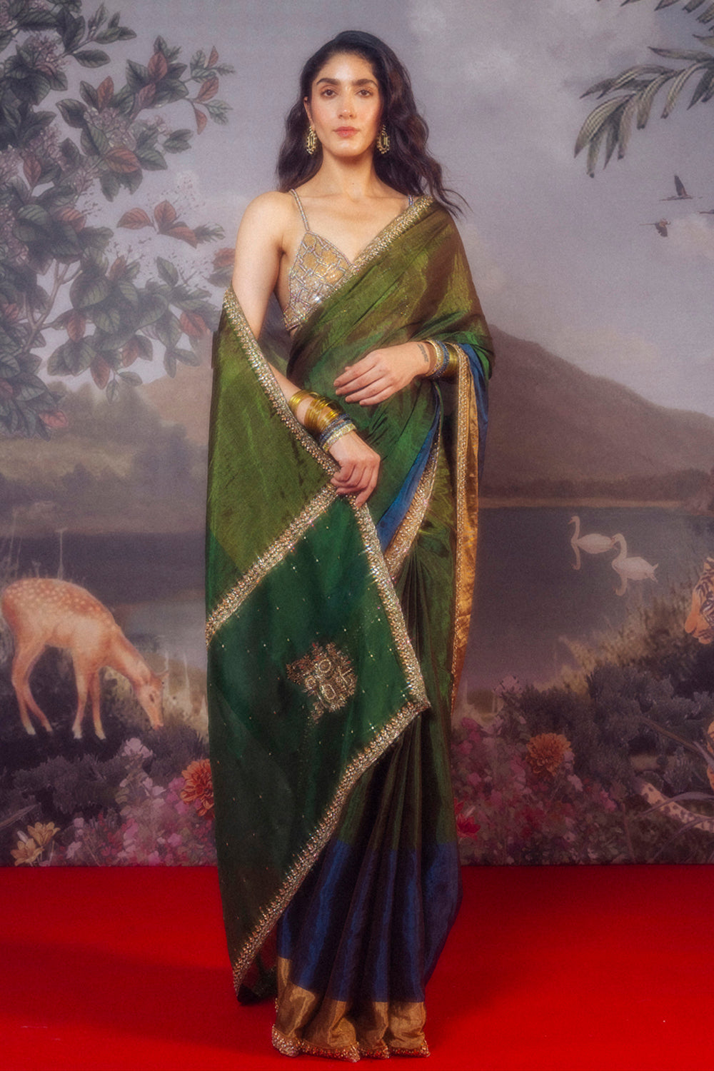 Superheroes Hand-Embroidered Blouse with Lotus Pond Hand-Embroidered Saree in Gold and Emerald Green